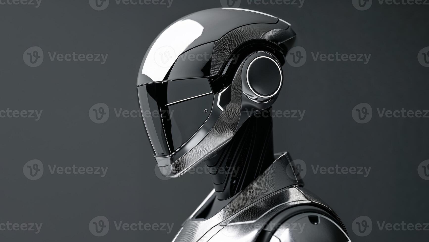 Futuristic robot wearing a protective helmet illustrating advancements in robotics and technology in modern society. photo