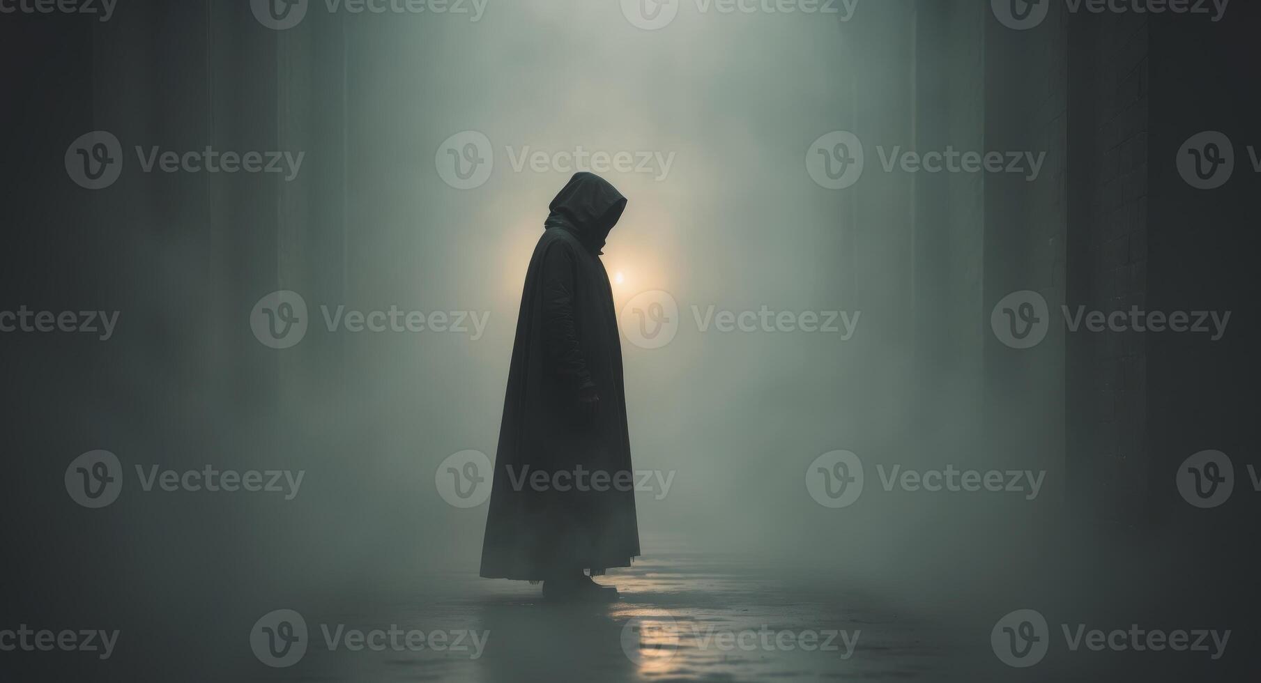 Mysterious Dark Figure Standing in Foggy Hallway with Dim Light. photo