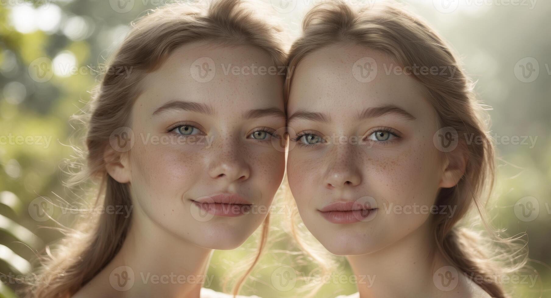 Twin sisters with freckles pose together in nature. photo