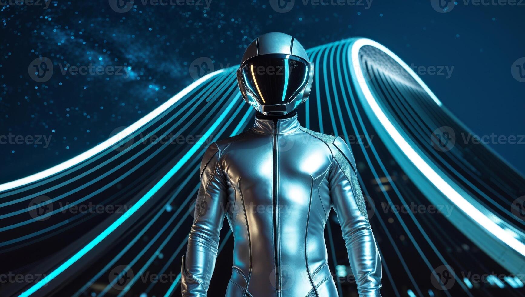 a man in a futuristic suit standing in front of a futuristic building photo