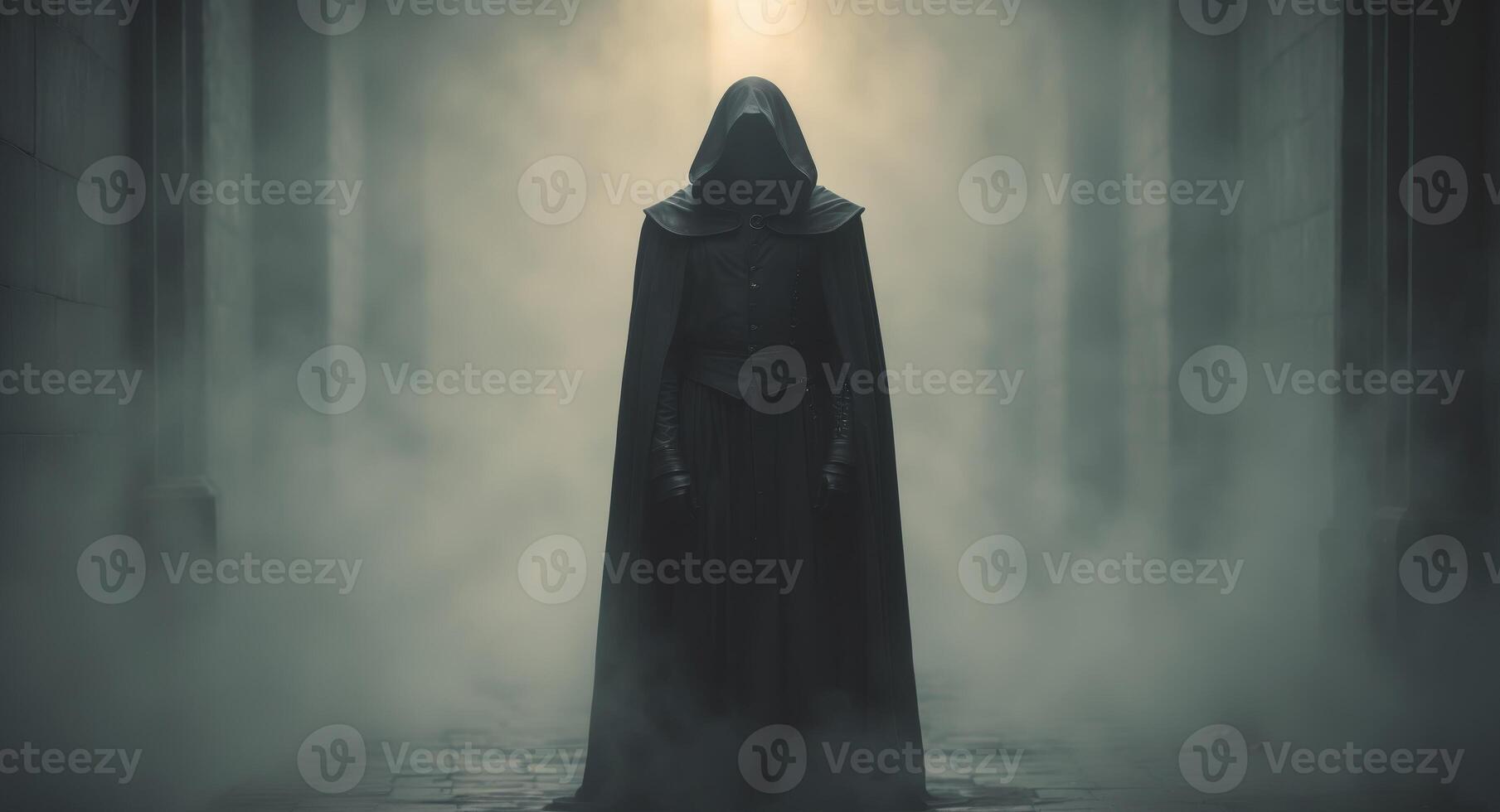 Mysterious Dark Figure Standing in Foggy Hallway with Dim Light photo