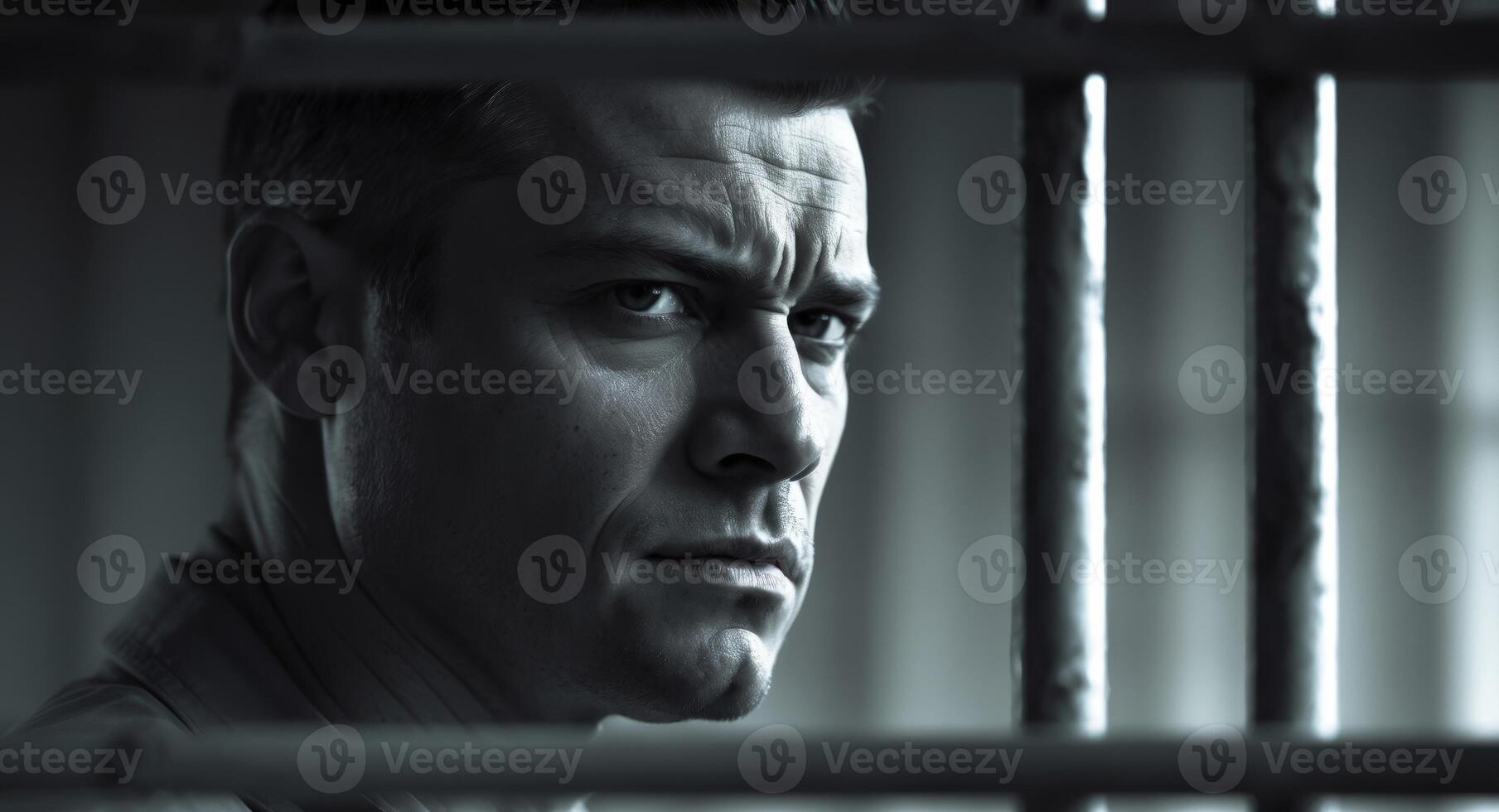 Intense gaze of a man behind bars in a dimly lit environment depicting resilience and strength during a moment of reflection. photo