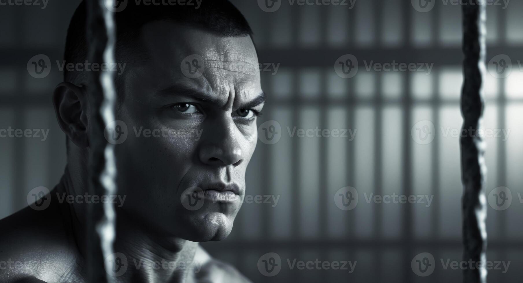 Intense gaze of a man behind bars in a dimly lit environment depicting resilience and strength during a moment of reflection photo