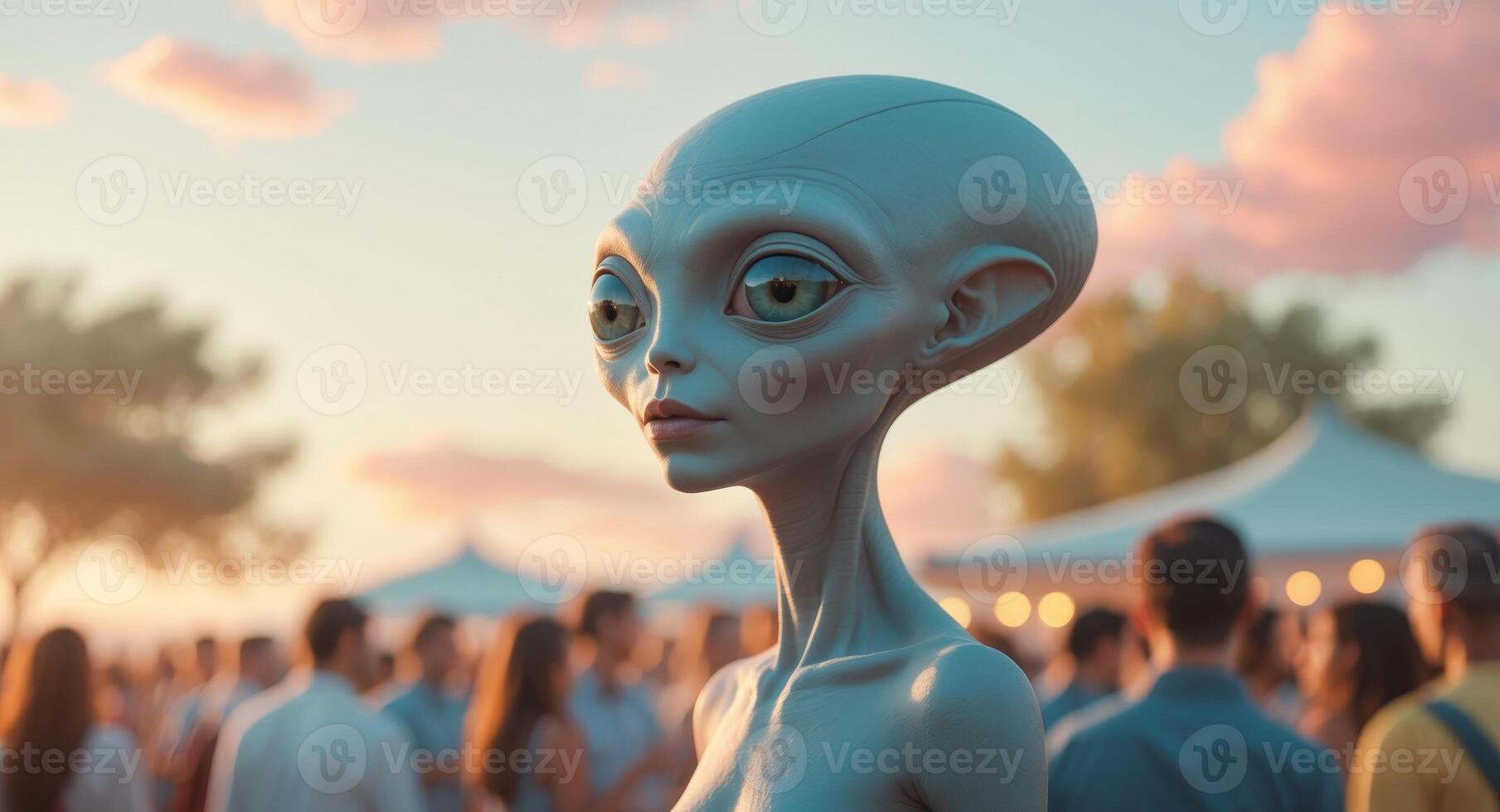 Extraterrestrial figure attending an outdoor gathering during sunset with an audience in the background photo