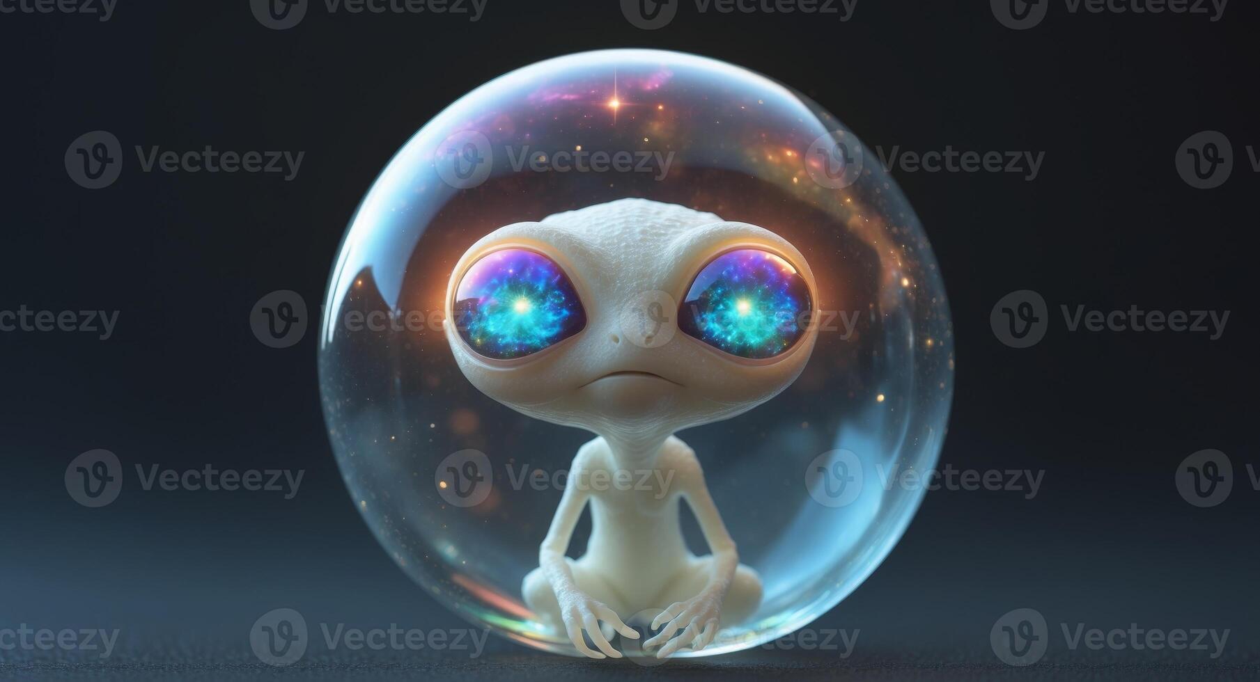 An alien creature with huge eyes surrounded by space in a bubble photo