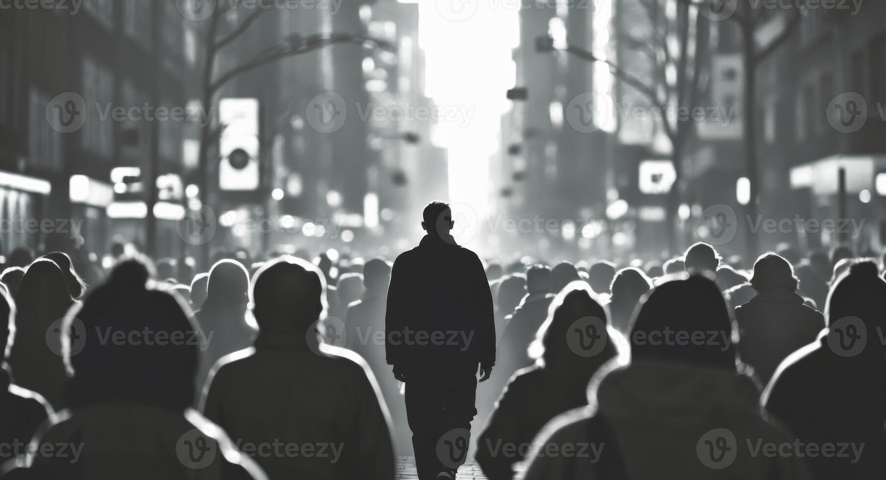 A silhouette of a person walking forward in a crowd. photo