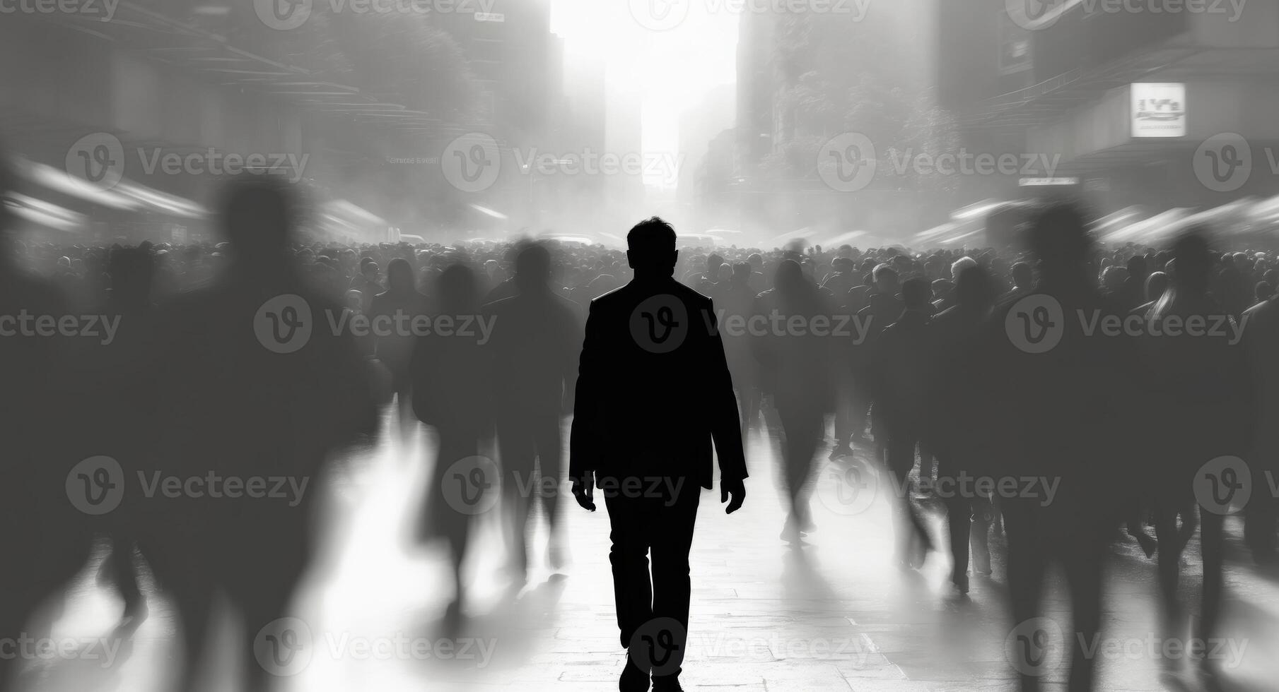 A silhouette of a person walking forward in a crowd photo