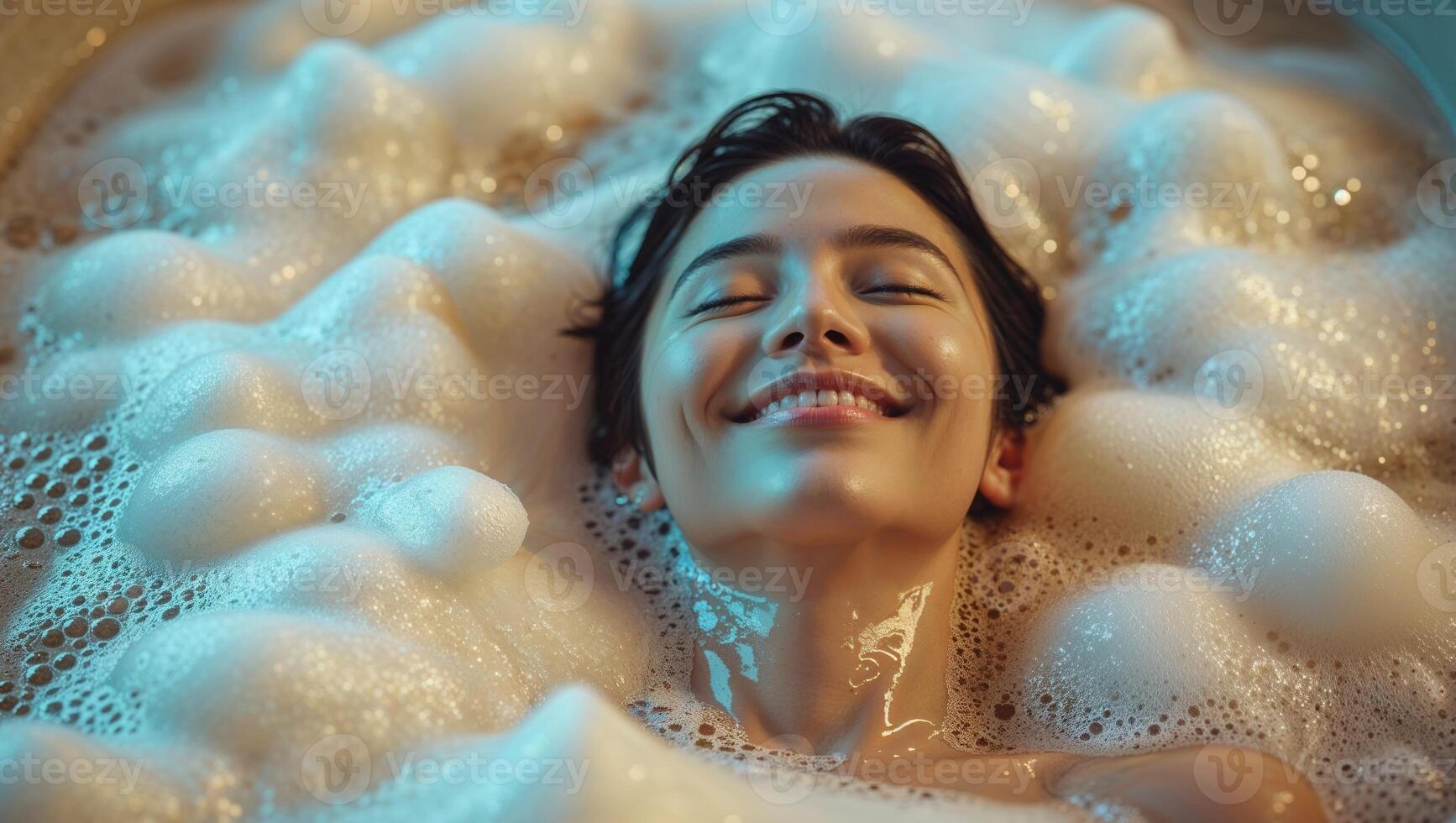 person enjoying bubble bath with joyful expression and foam. photo