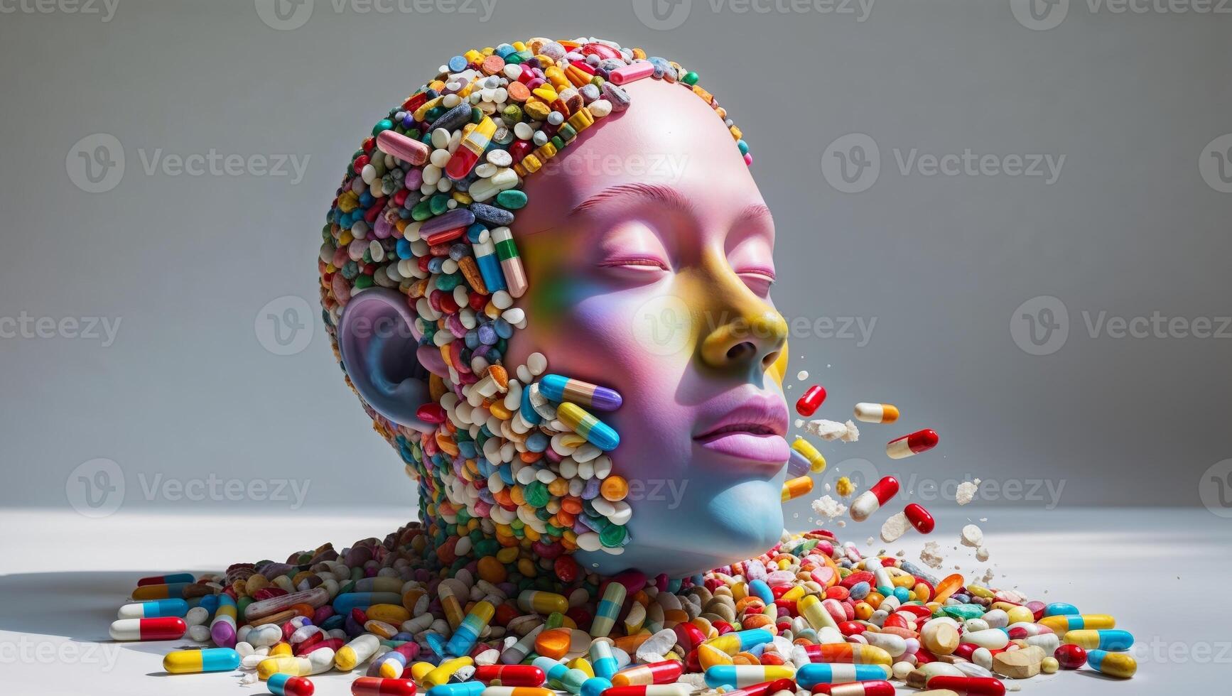 Colorful human head sculpture filled with tablets. photo
