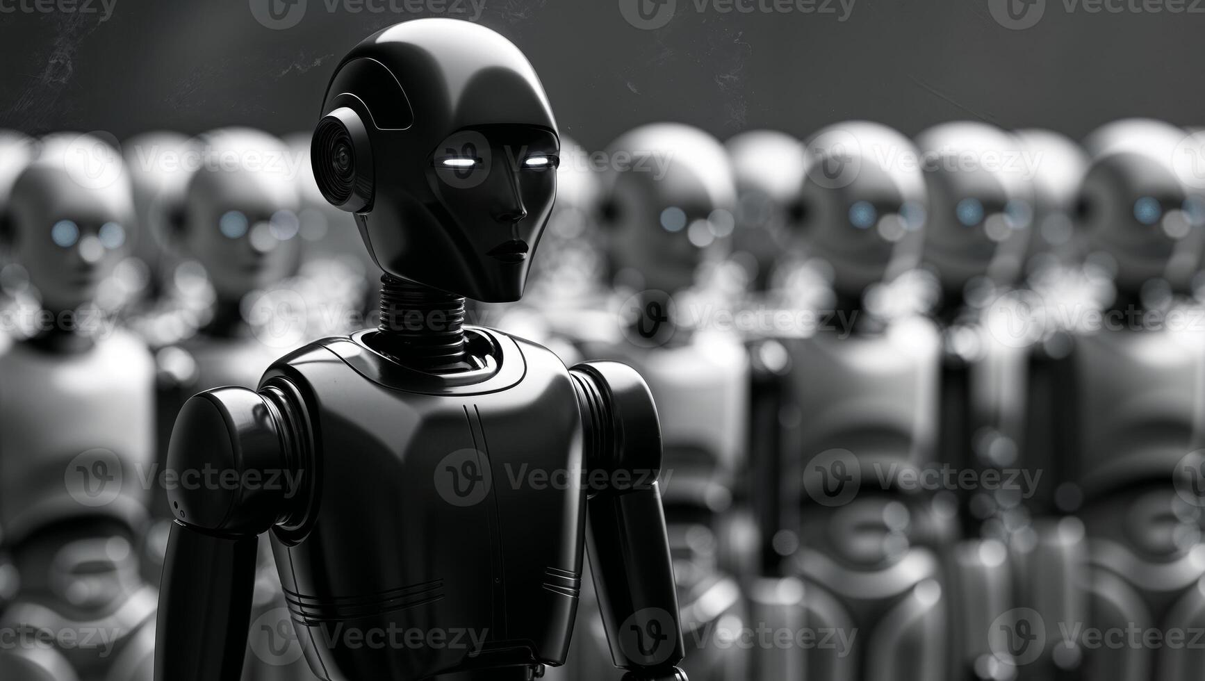 Black robot standing in front of other robots. photo