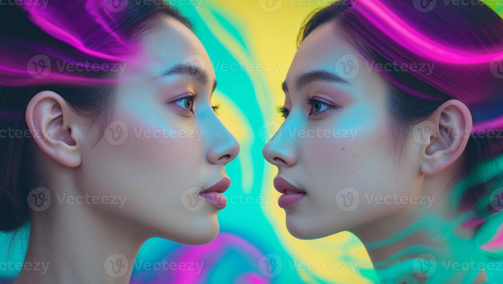 Two women are looking at each other in front of a colorful background photo