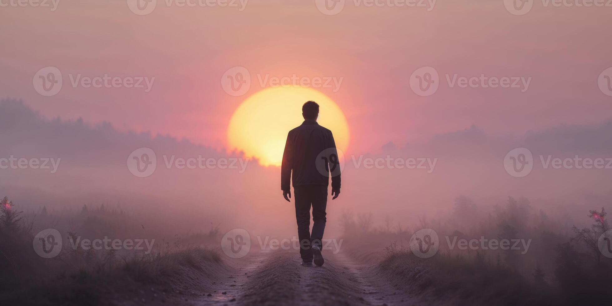 A man is walking down a dirt road at sunset photo