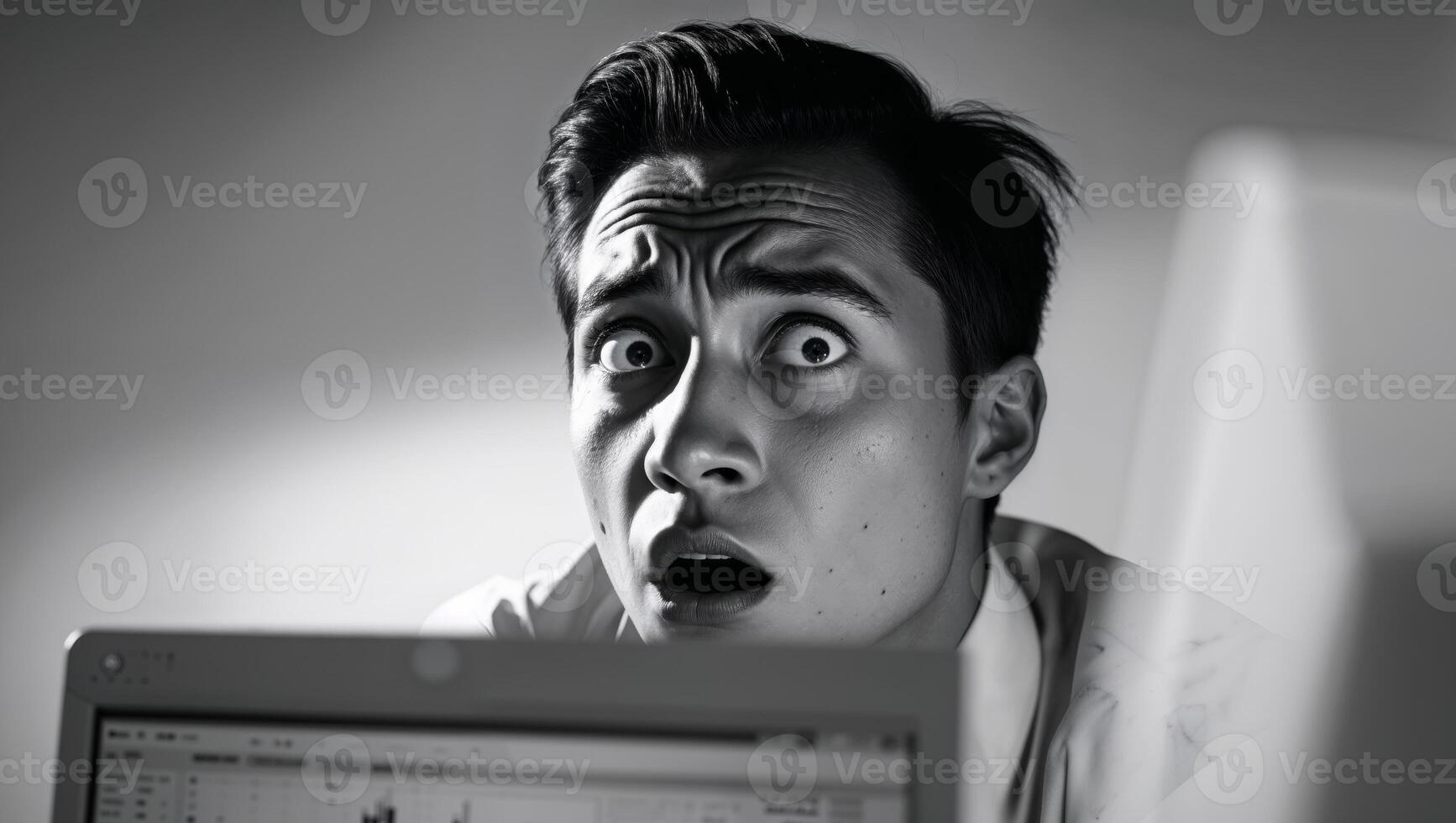 A man looking surprised while using a computer photo