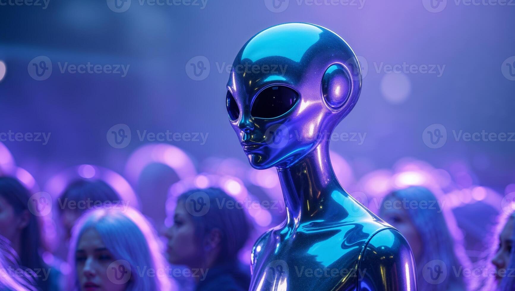 An alien is standing in front of a crowd of people photo