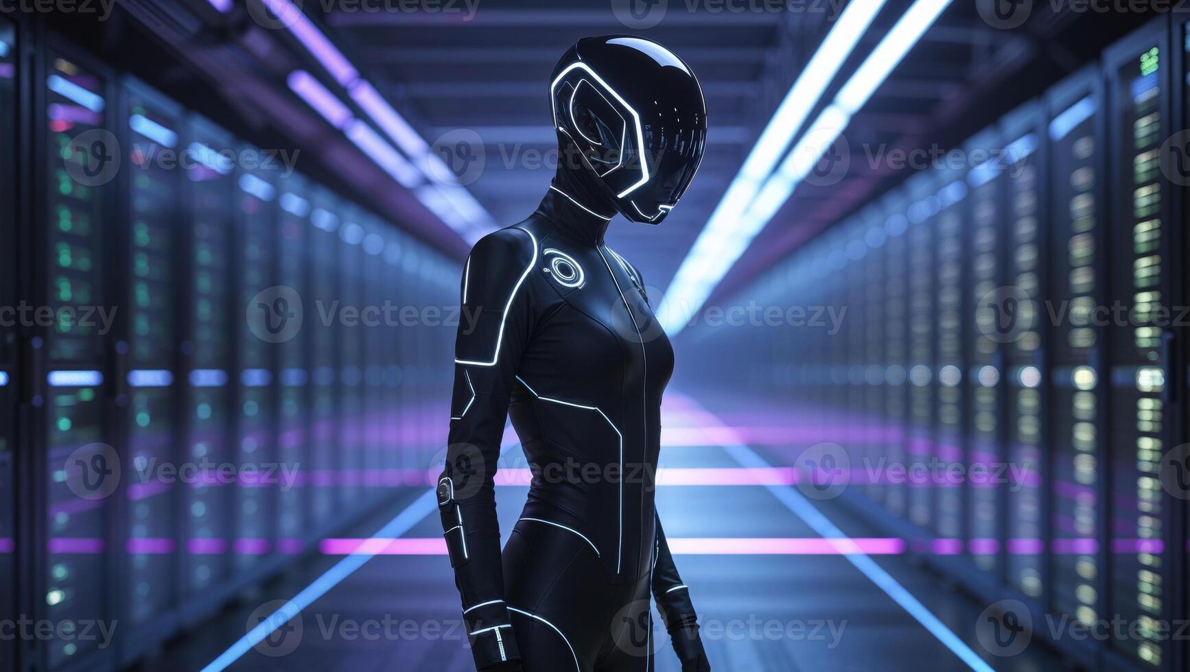 A woman in a futuristic suit stands in front of rows of servers photo