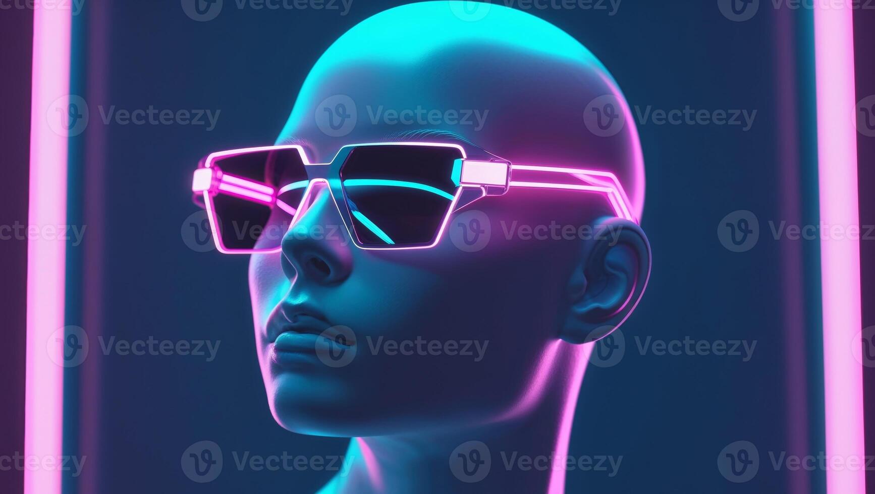 A woman wearing sunglasses and a hat in a neon light photo