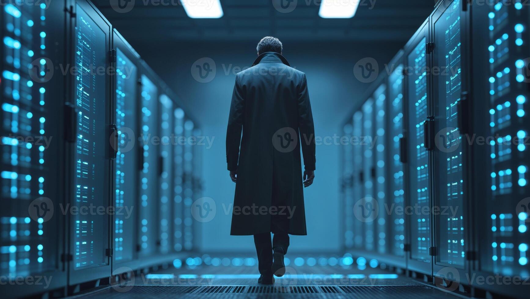 A man in a trench coat walks through a server room photo