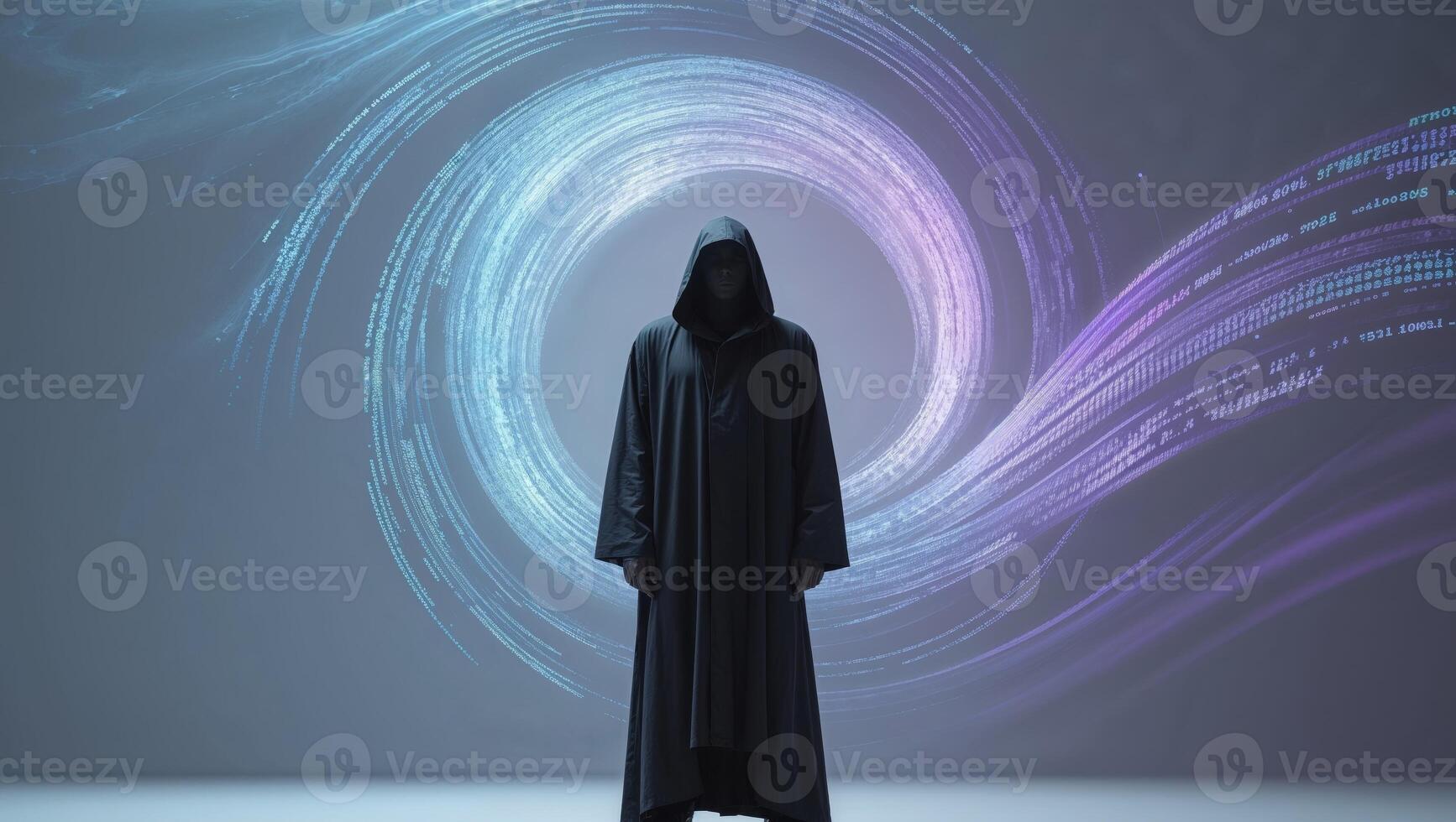 A person in a hooded robe standing in front of a swirling abstract background photo