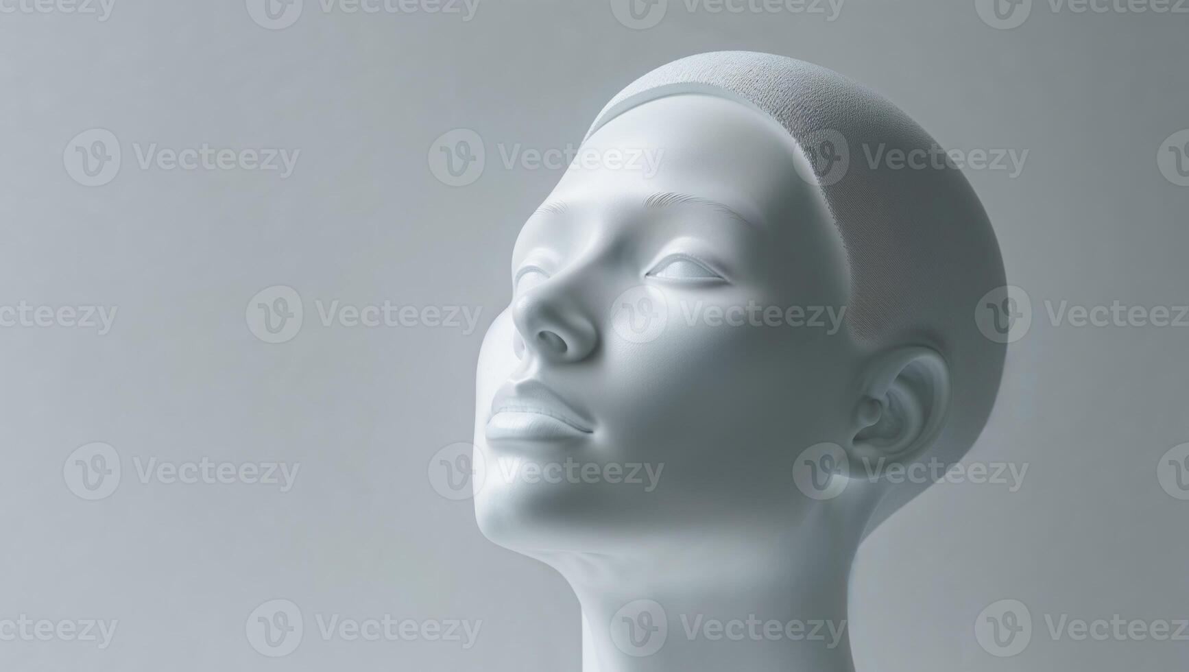 A white mannequin head with a white hat on it photo