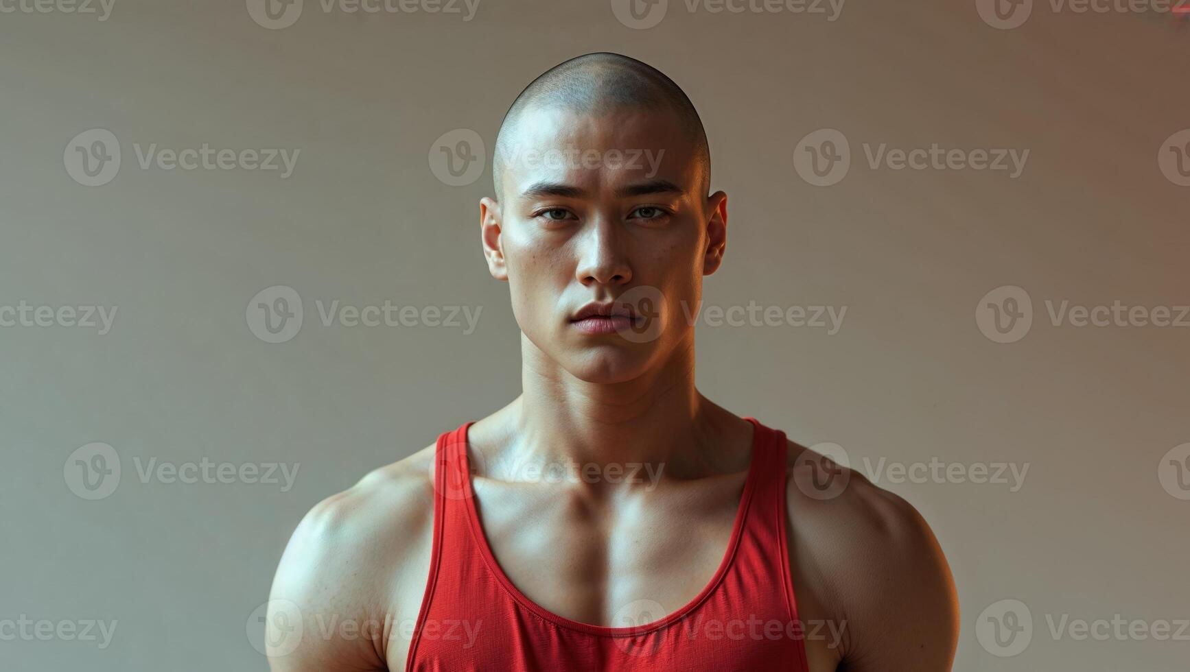 A man in a red tank top standing in front of a gray background photo