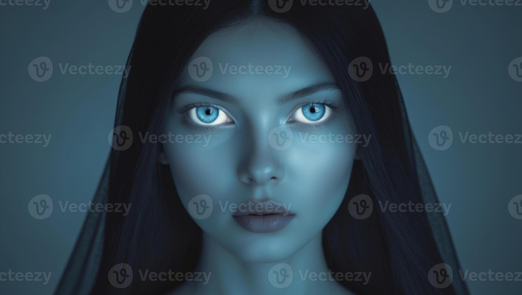 A woman with blue eyes and long black hair photo