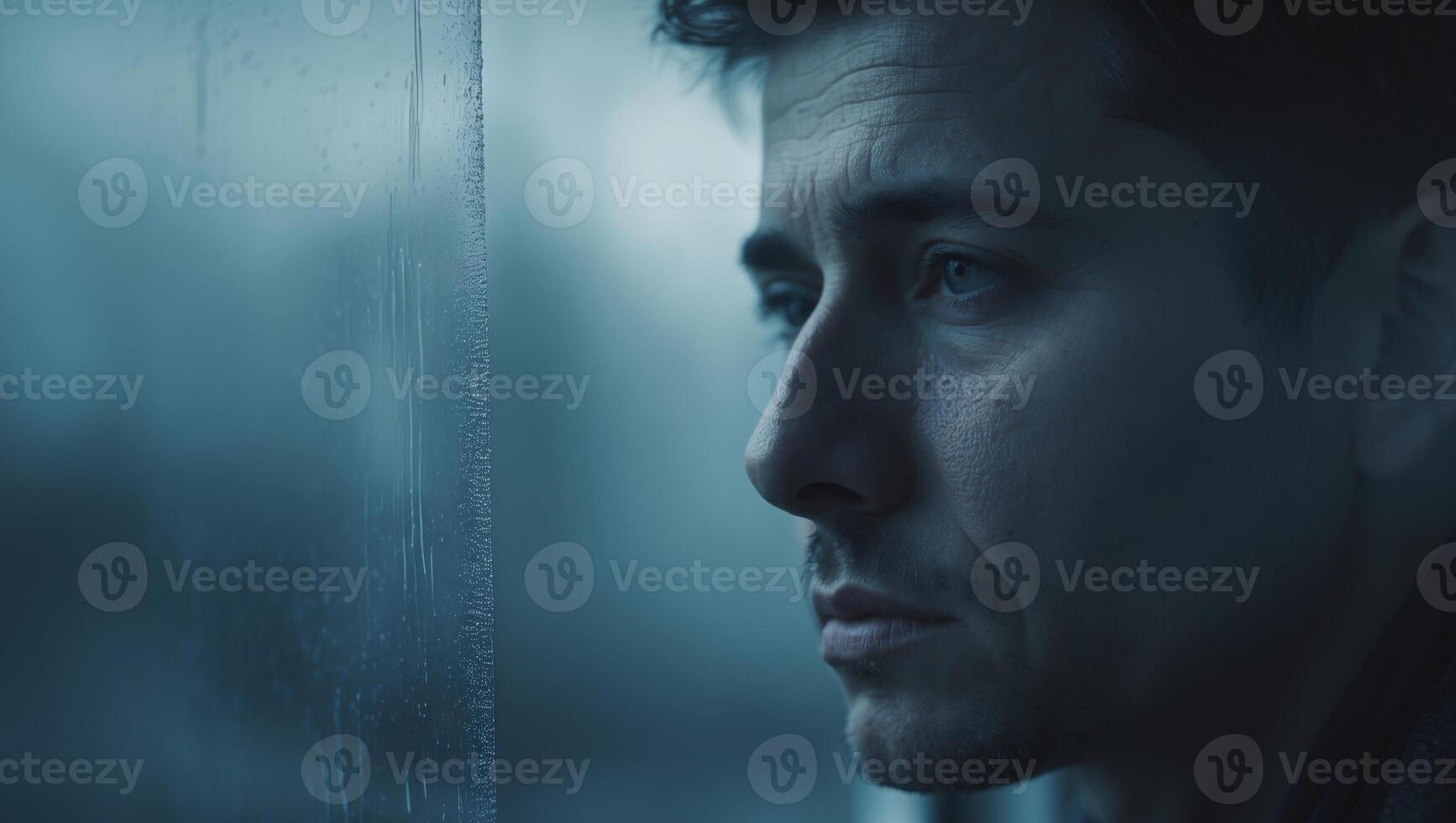 Man's Face Seen Through Misted Window at Night photo