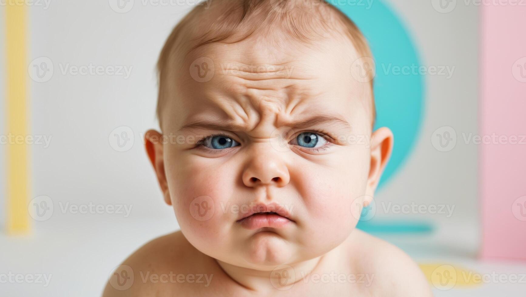 Grumpy baby with furrowed brows looking unimpressed photo