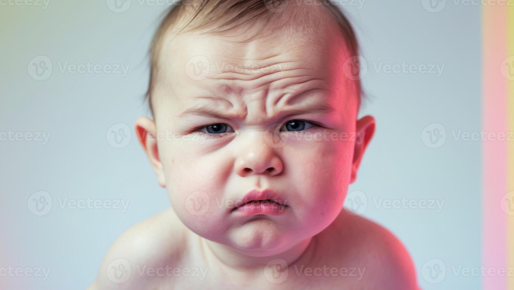 Grumpy baby with furrowed brows looking unimpressed. photo