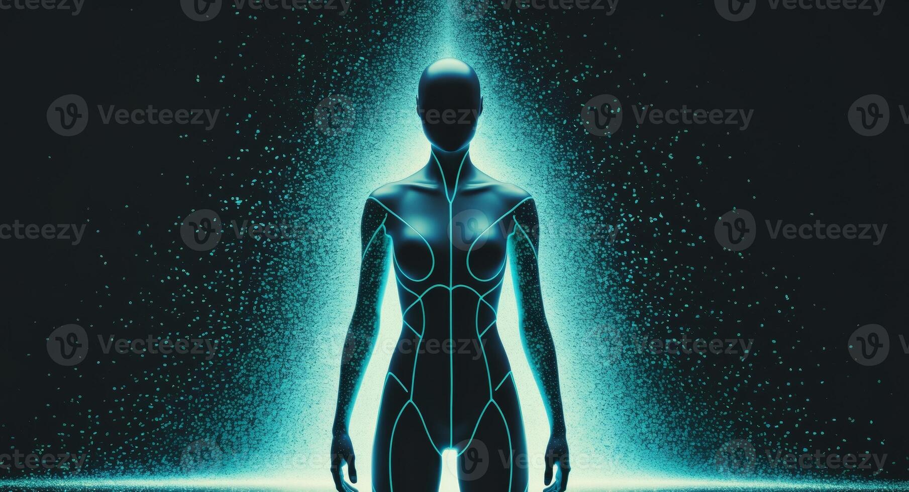 Futuristic Human Silhouette with Glowing Particles on Black Background. photo