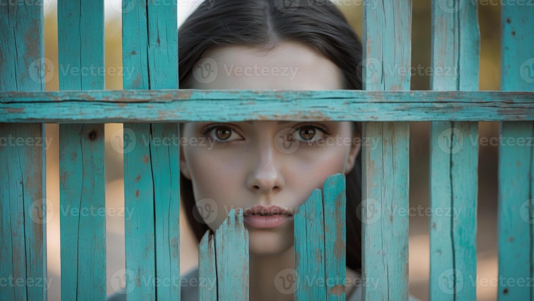 Mysterious Female Eyes Peeking Through Turquoise Wooden Fence with Intense Gaze photo