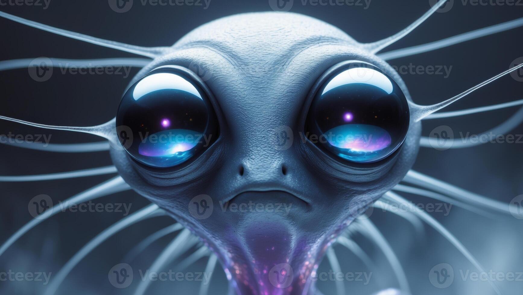 Closeup of a Mysterious Alien Creature with Reflective Eyes in a Dark Environment. photo
