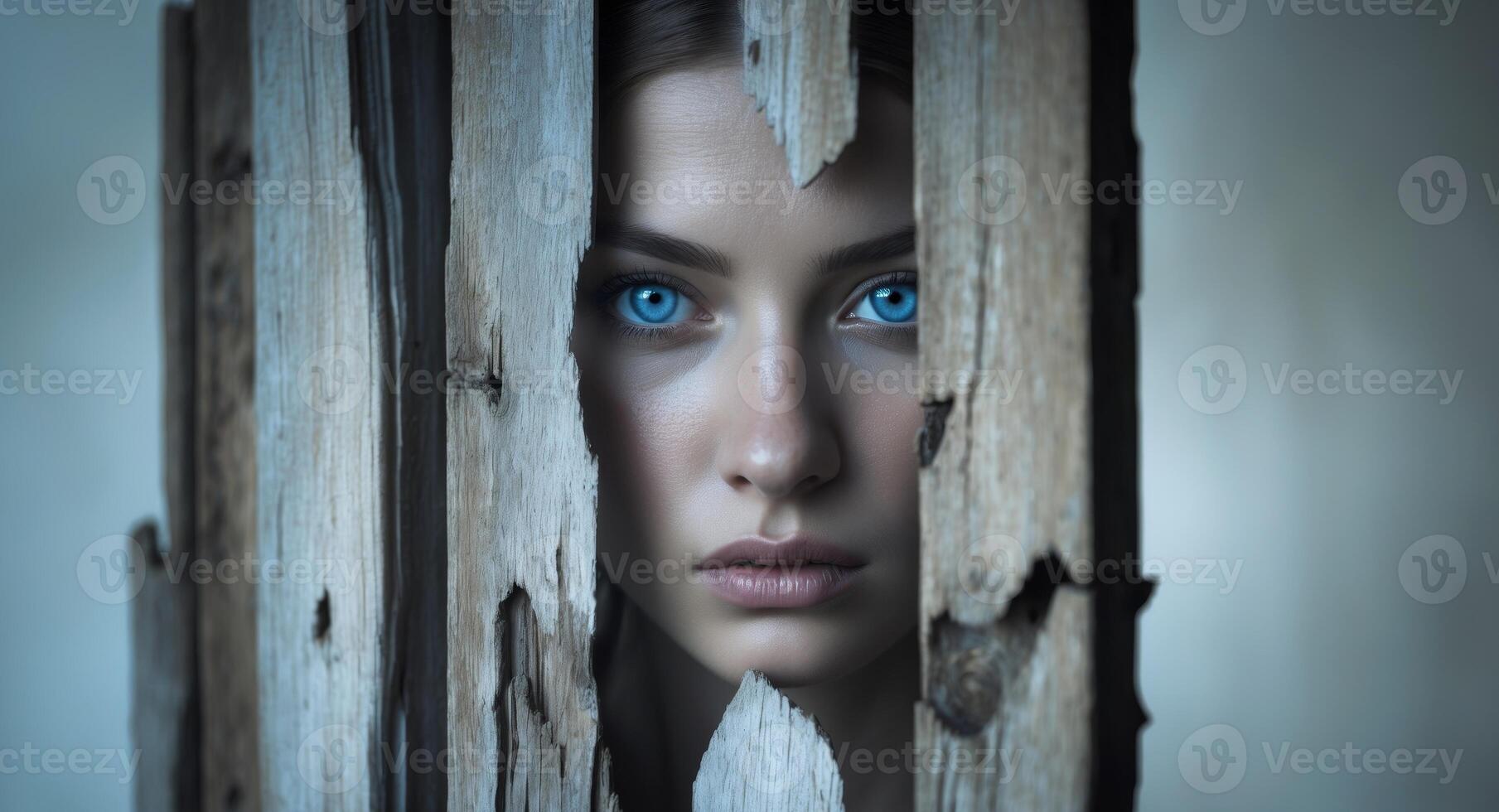 Blue Eyes Peering Through Weathered Wooden Slats photo