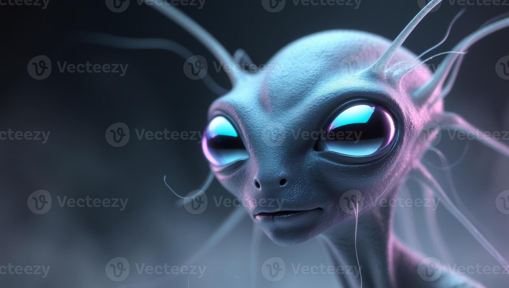 Closeup of a Mysterious Alien Creature with Reflective Eyes in a Dark Environment photo