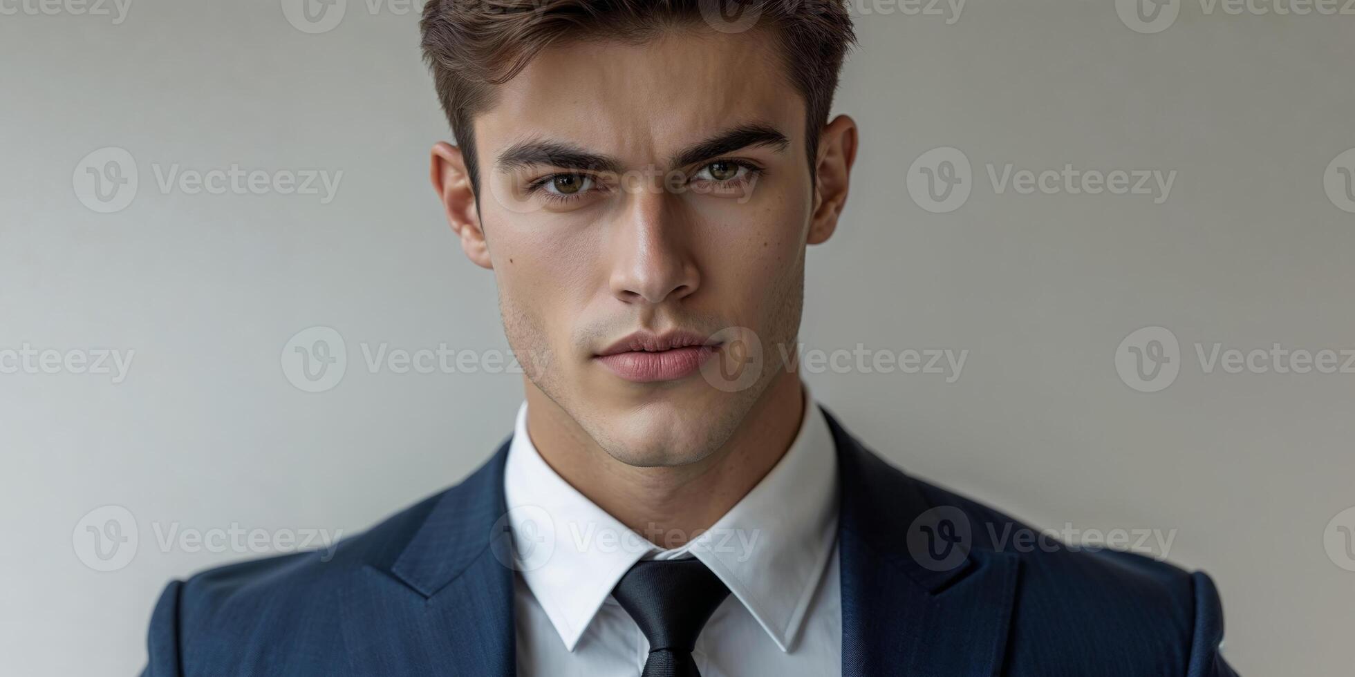Young man wearing a blue suit and displaying a confident facial expression photo