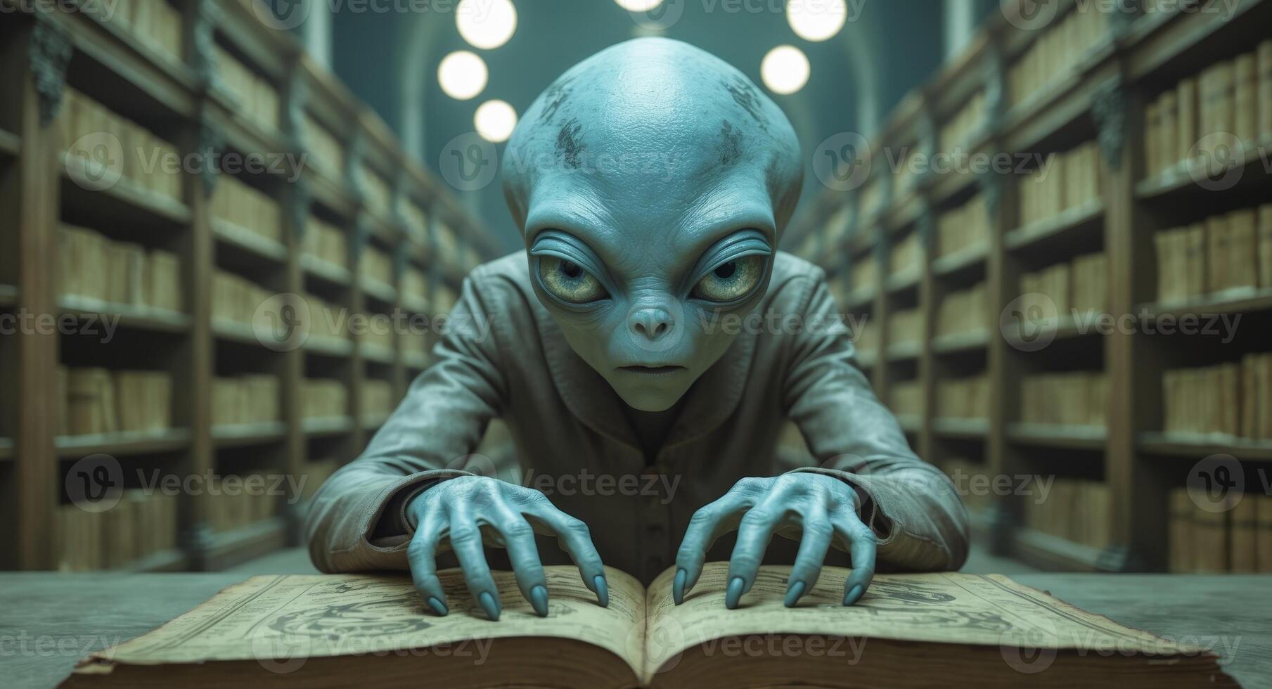 Curious alien studies an ancient book in a dimly lit library filled with knowledge and mysteries. photo