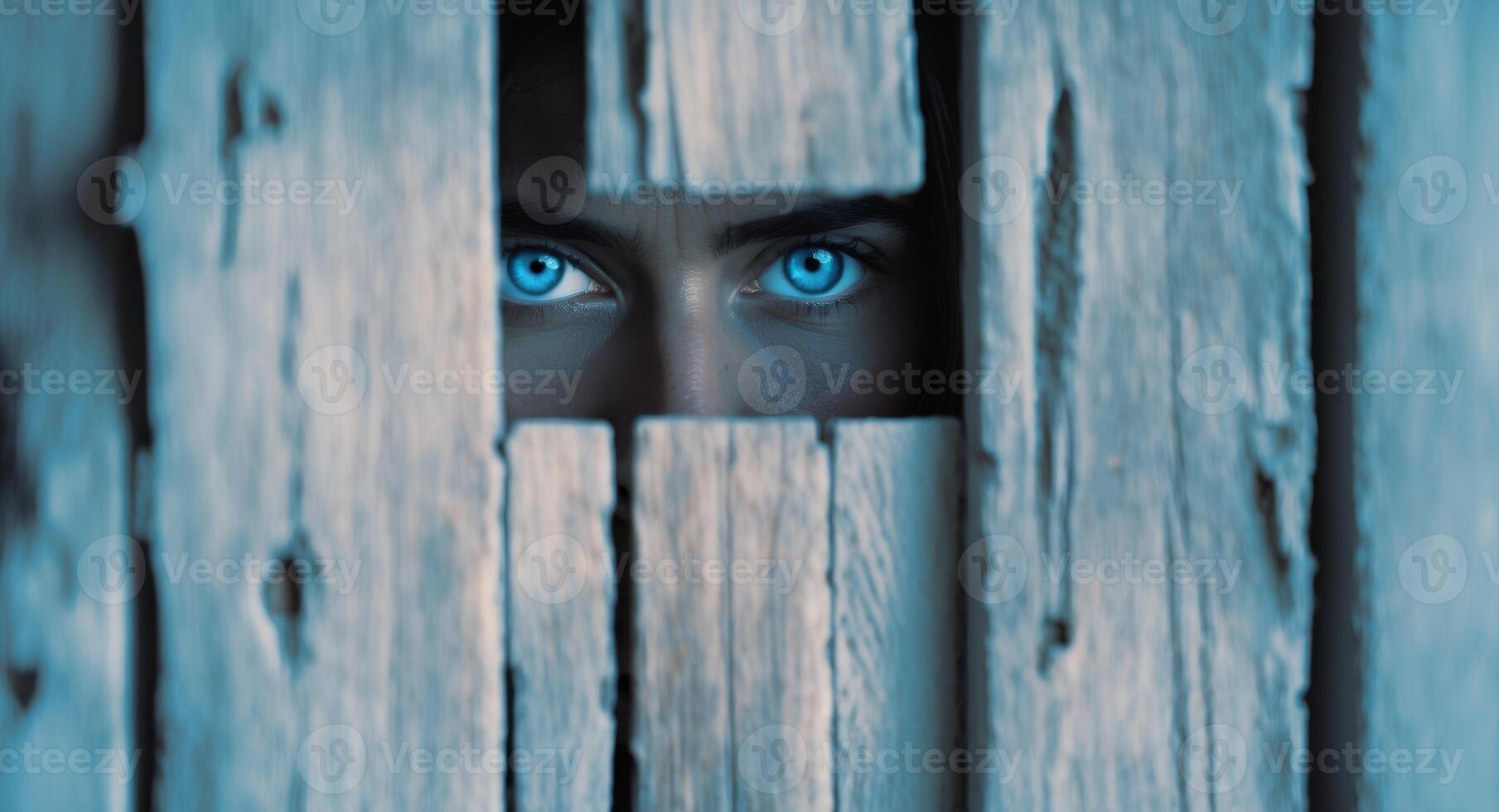 Blue Eyes Peering Through Weathered Wooden Slats. photo