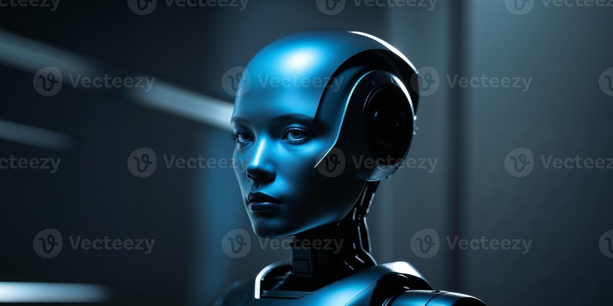 Unique robot featuring a blue light illuminating its face in a dimly lit environment with a futuristic aesthetic photo