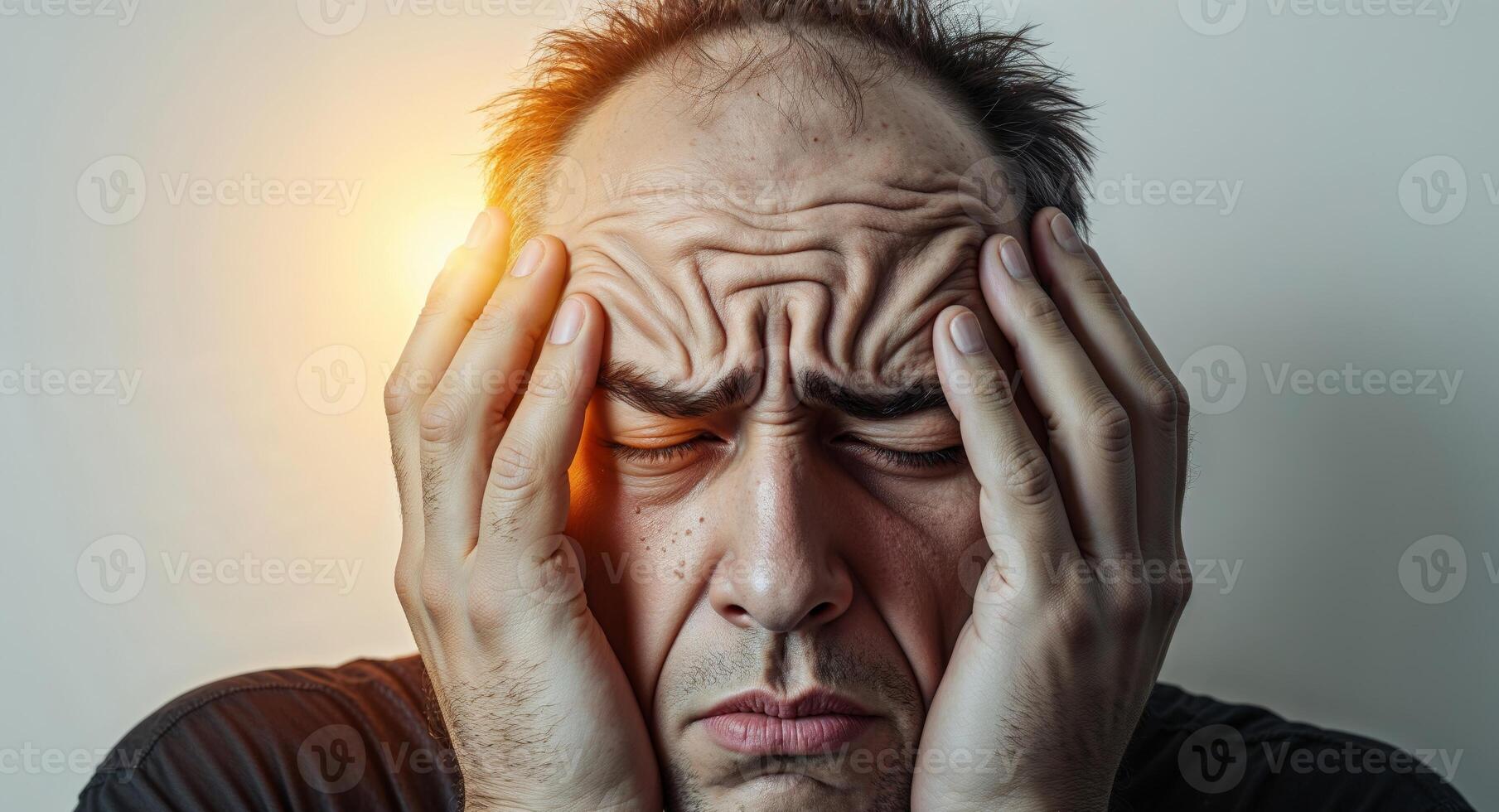 Man suffering with burning head and closed eyes touching his face with hands. photo