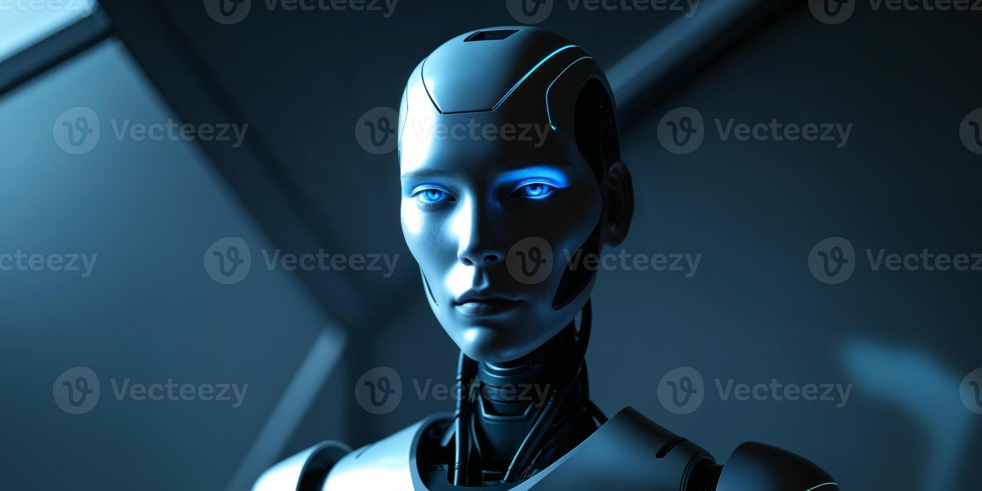 Unique robot featuring a blue light illuminating its face in a dimly lit environment with a futuristic aesthetic. photo