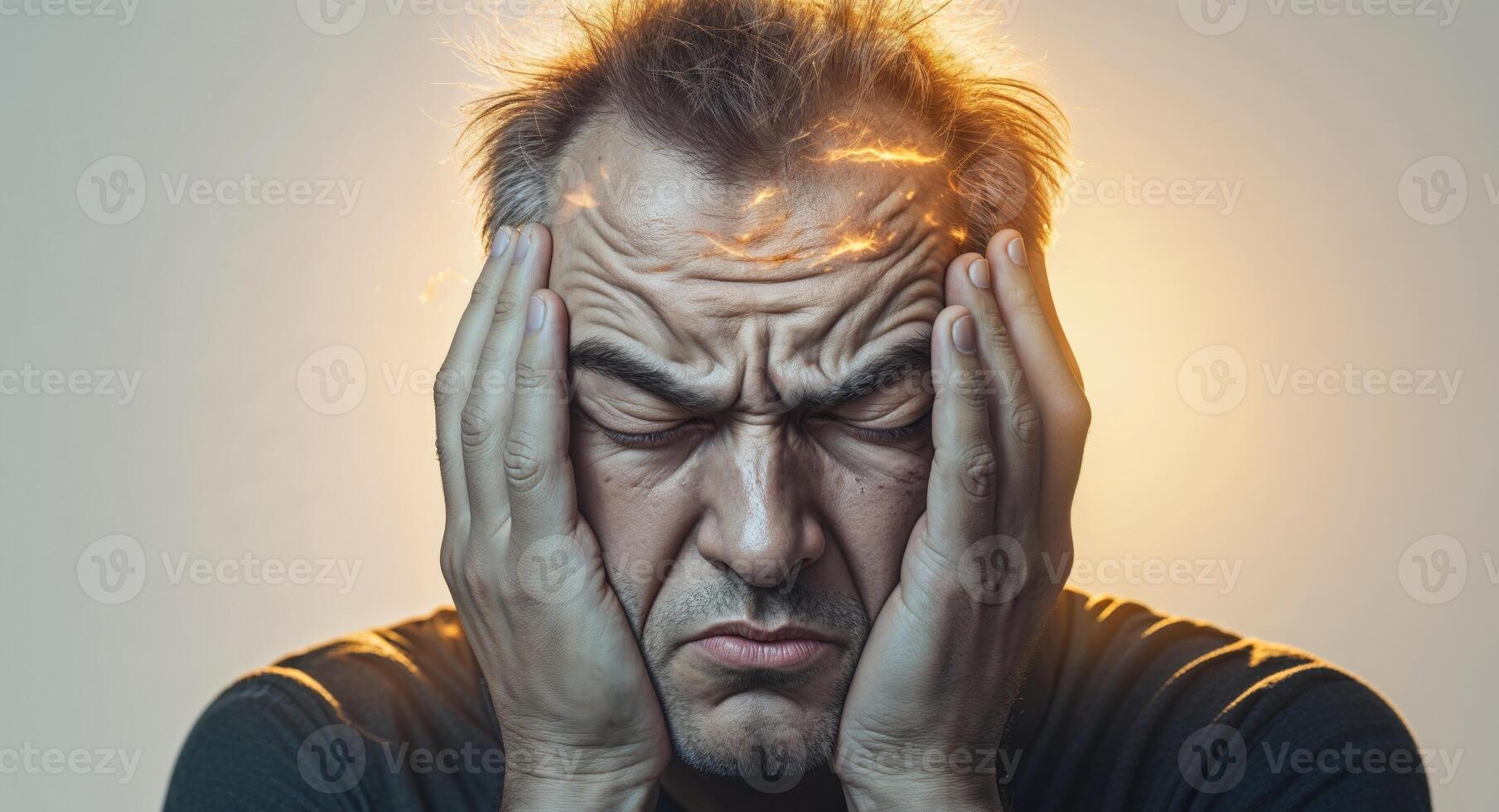 Man suffering with burning head and closed eyes touching his face with hands photo