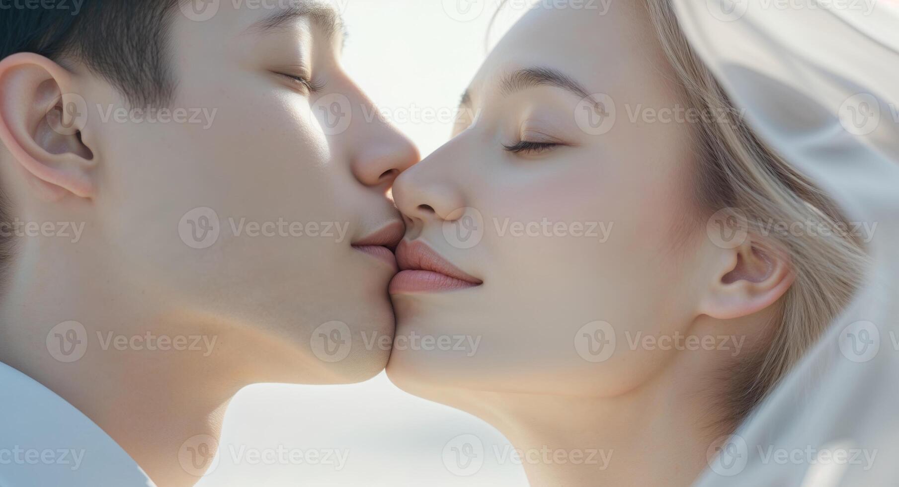 A couple is kissing each other on the cheek photo