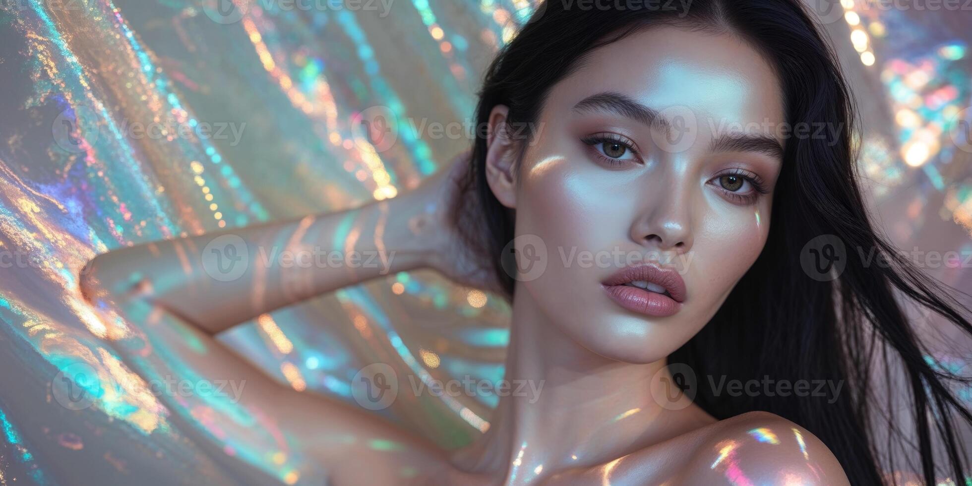 Beautiful model posing with iridescent background and light reflections. photo