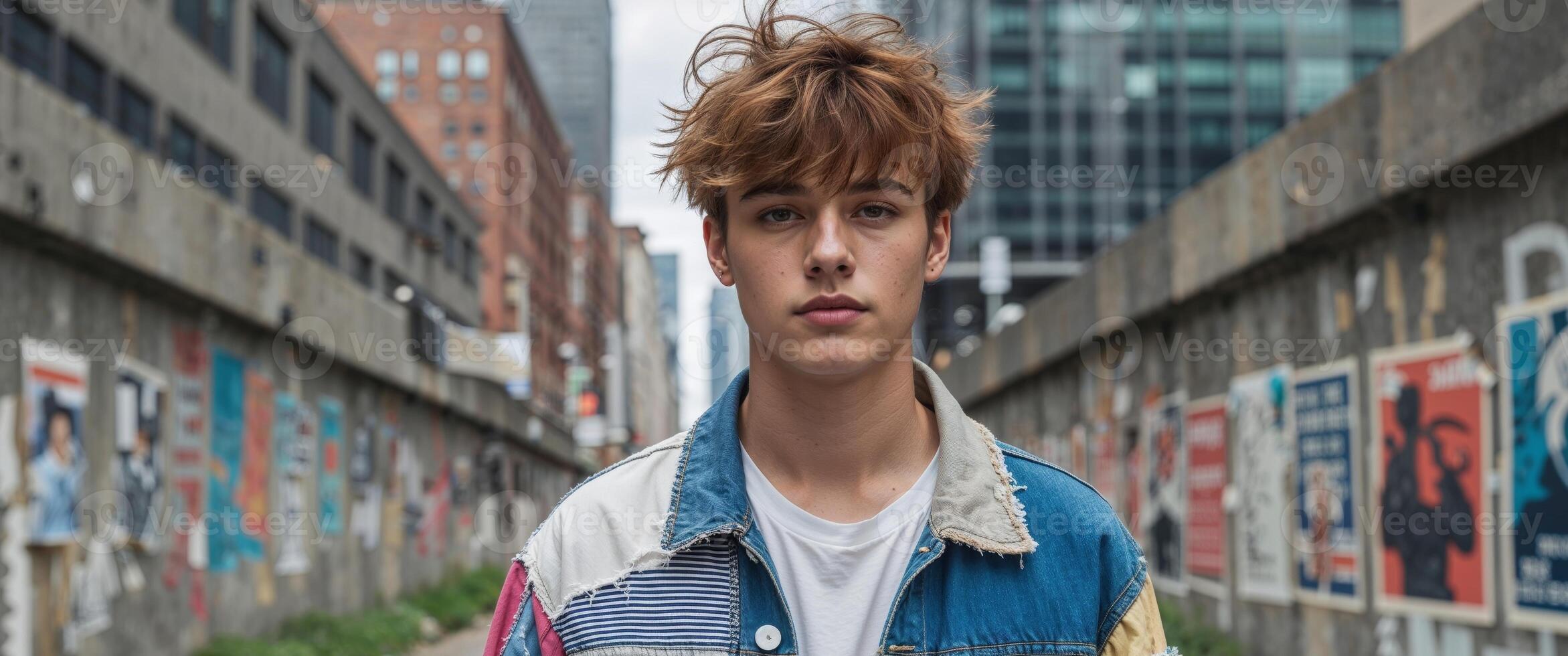 Young Man in Patchwork Denim Jacket on Urban Street. photo