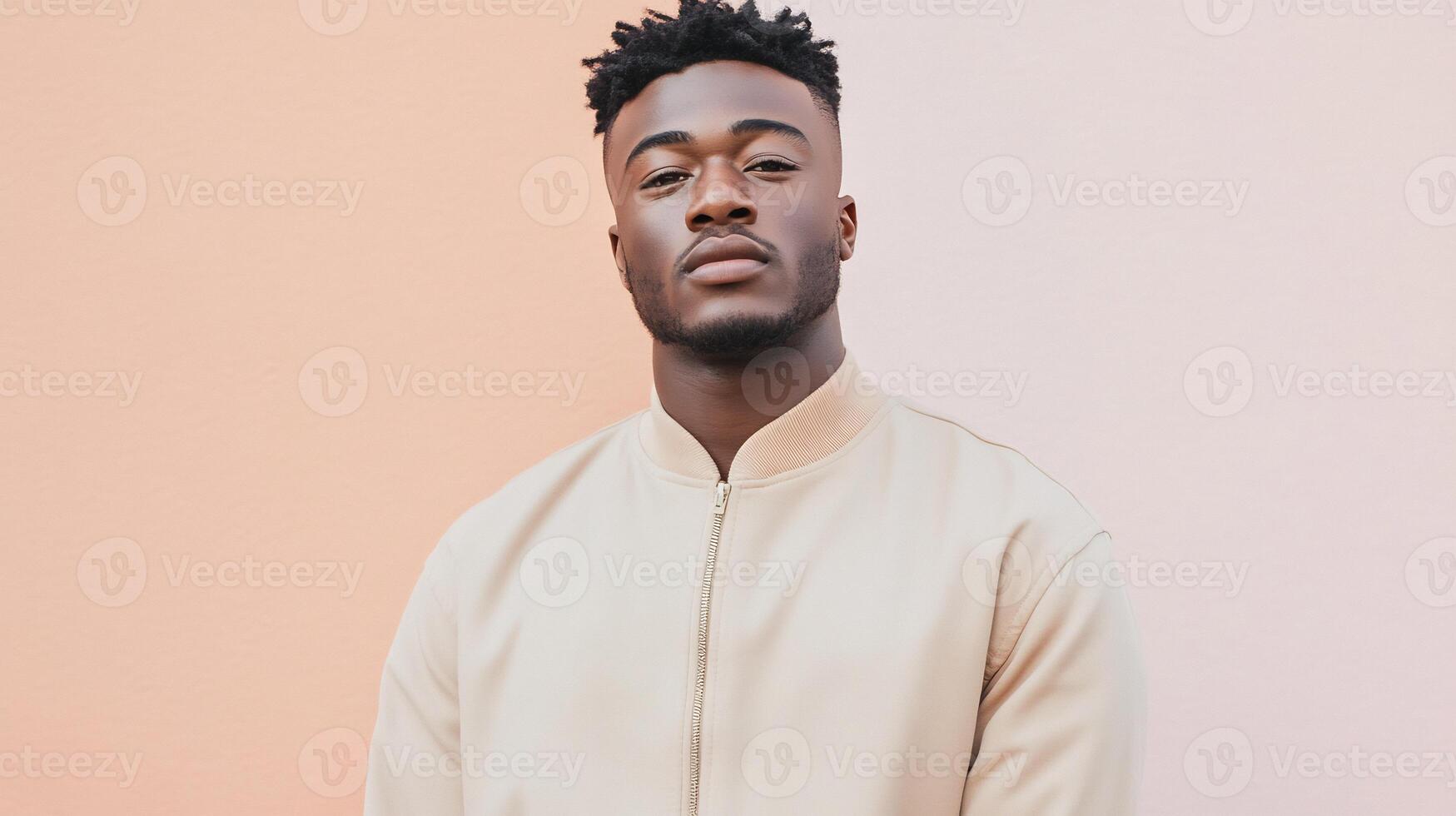 A man in a white jacket standing against a pink wall photo