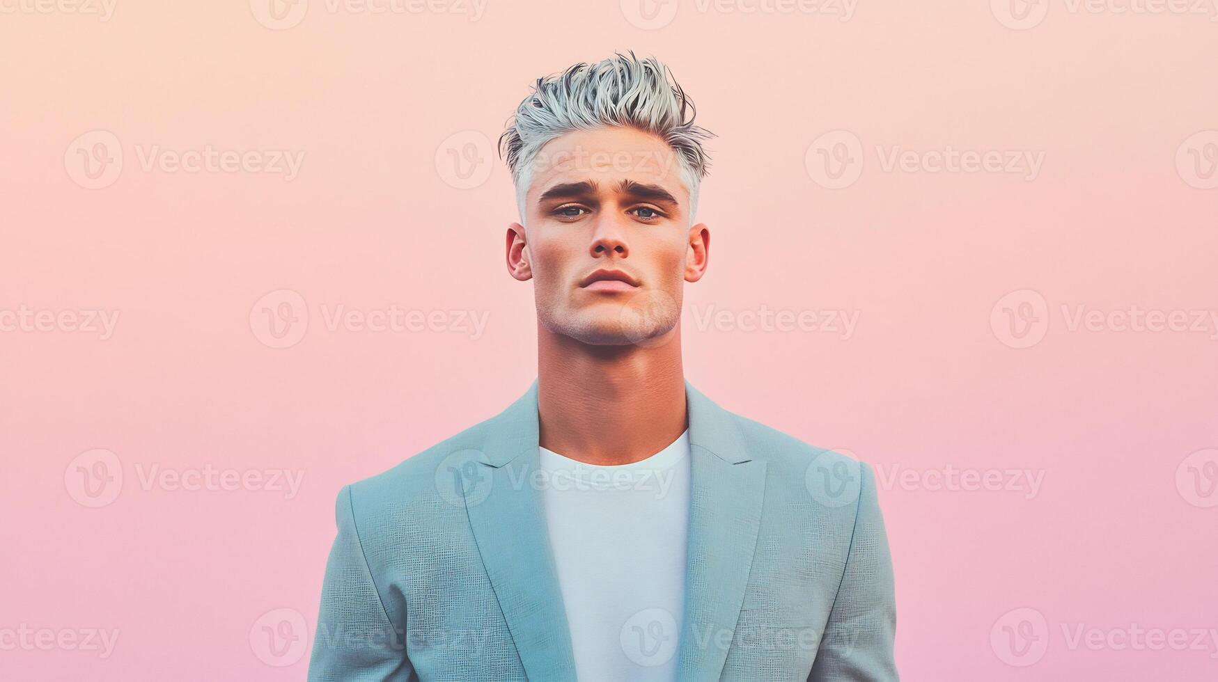A man with white hair and a suit is standing in front of a pink and blue background photo