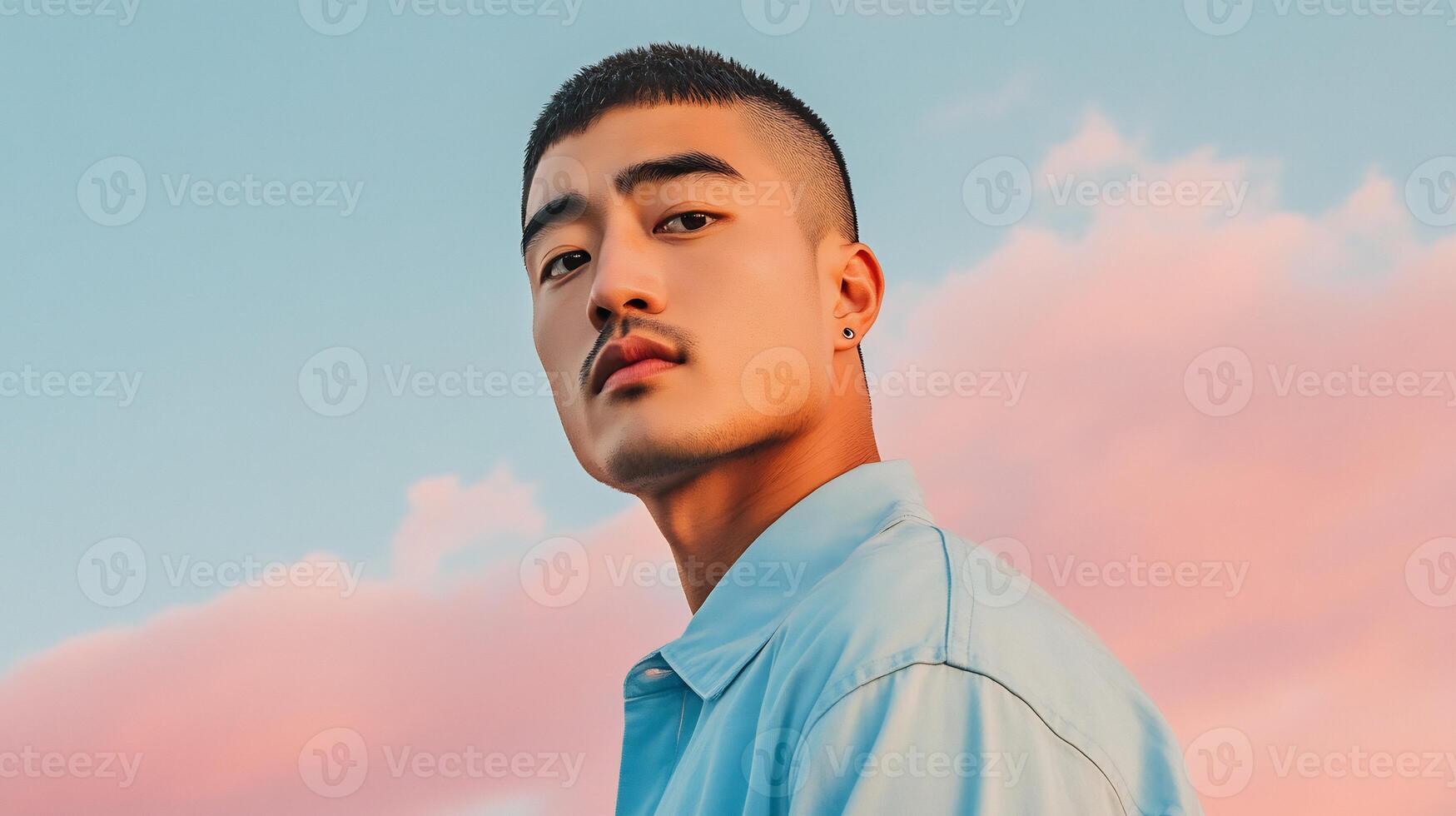 A man in a blue shirt is looking up at the sky photo