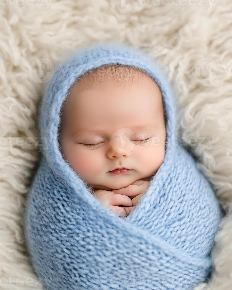 A baby wrapped in a blue knitted blanket photo