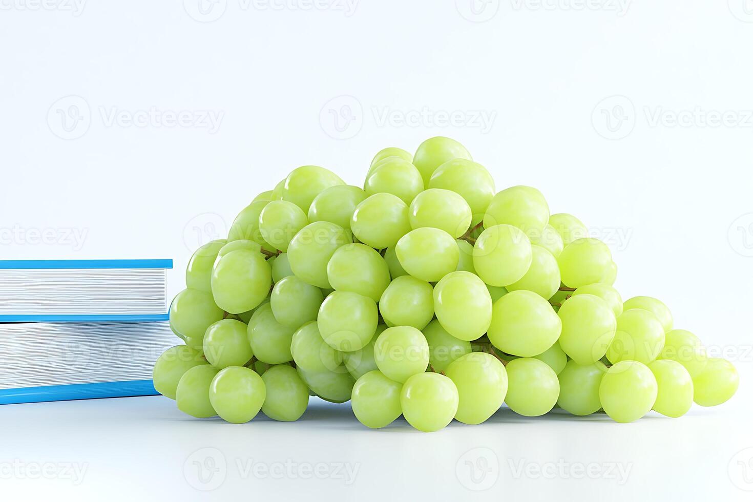 A bunch of grapes next to a stack of books photo