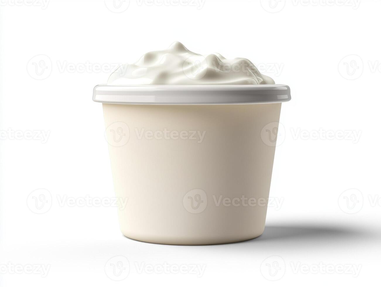 Creamy whipped topping in a plain container on a white background photo