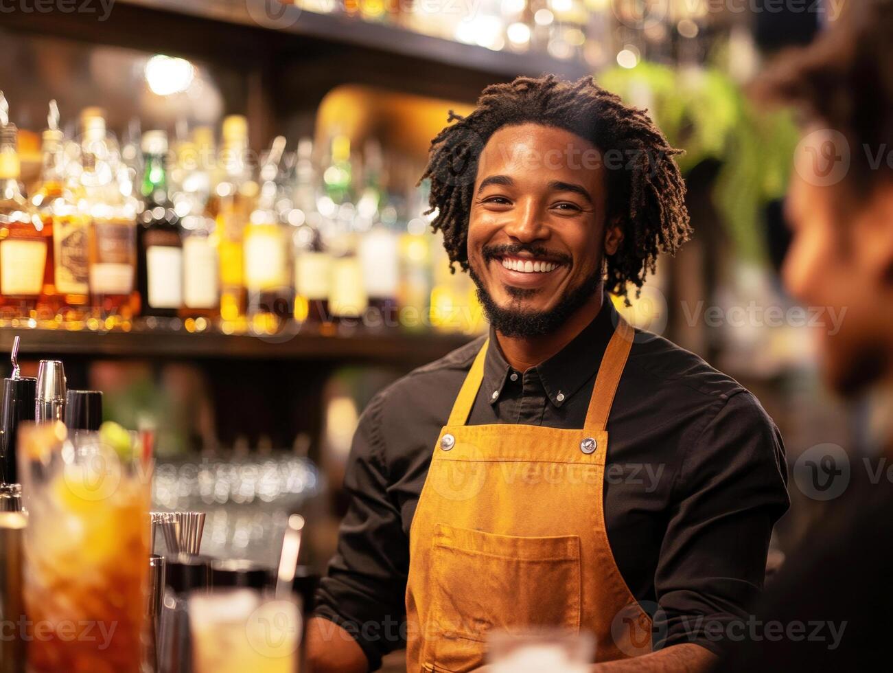 Bartender serves customers in a lively bar atmosphere during night photo